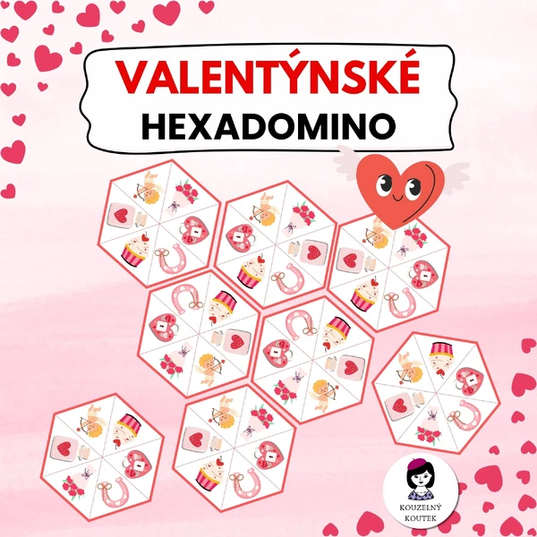 Valentýnské hexadomino | Valentýnská hexagon skládačka | Puzzle | Valentýn | Únor | Láska