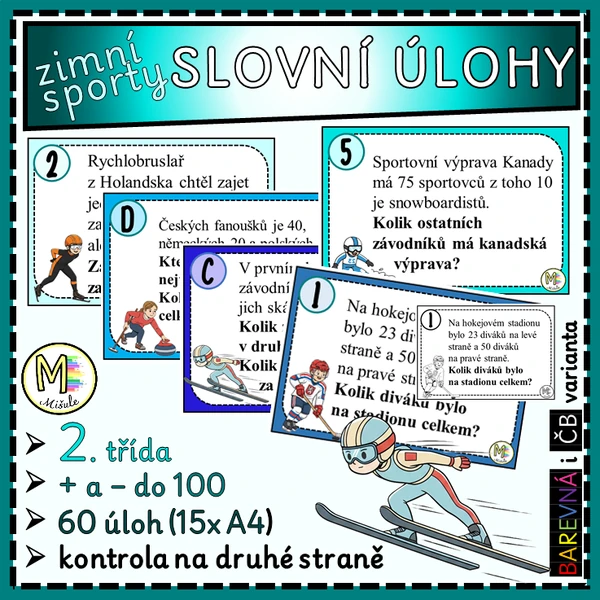 SLOVNÍ ÚLOHY - ZIMNÍ SPORTY - 2. TŘÍDA (+ A - DO 100)