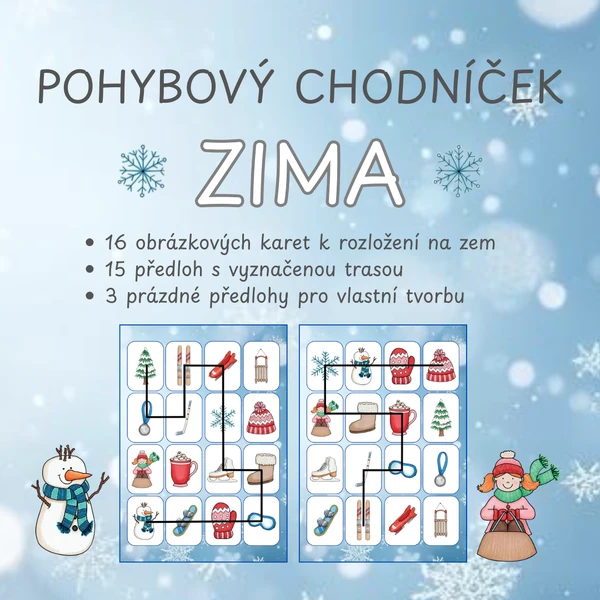 Zima - pohybový chodníček pro MŠ a 1. stupeň ZŠ (16 obrázků, 15 předloh s vyznačenými trasami, 3 prázdné předlohy)