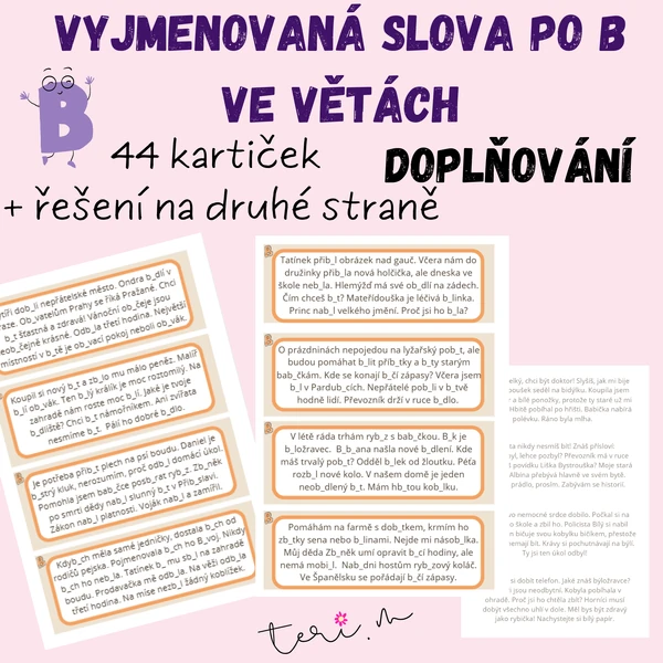 VYJMENOVANÁ SLOVA PO B VE VĚTÁCH - 44 kartiček