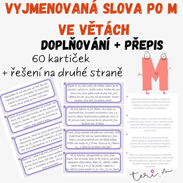 VYJMENOVANÁ SLOVA PO M VE VĚTÁCH - 60 kartiček