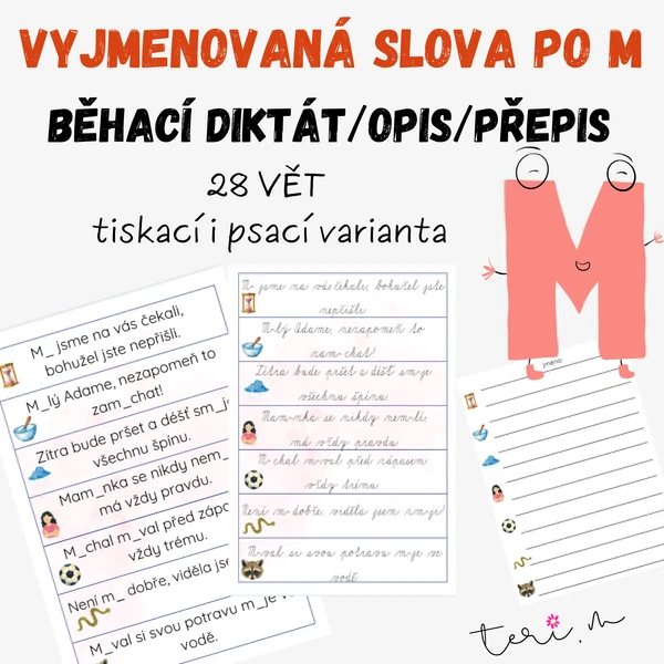 VYJMENOVANÁ SLOVA PO M - běhací diktát, opis, přepis