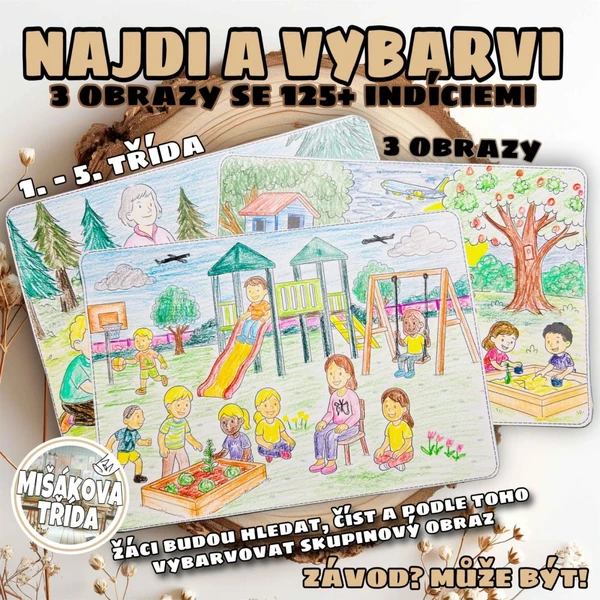NAJDI A VYBARVI - 3 obrazy s indíciemi