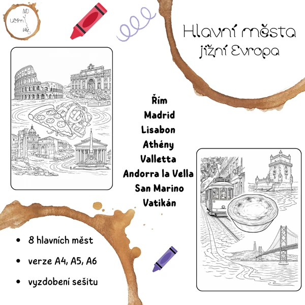 Hlavní města jižní Evropa - omalovánky
