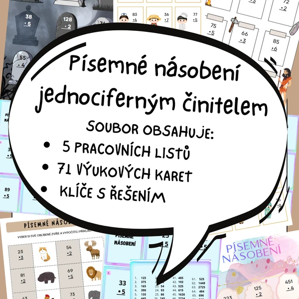 Písemné násobení - 5 pracovních listů + 71 kartiček na rychlovky + klíč