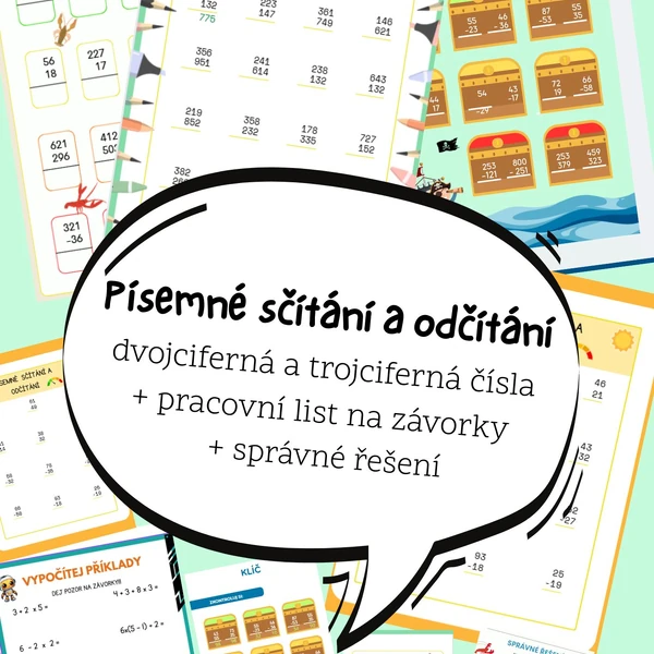 Písemné sčítání a odčítání – 5 pracovních listů se správným řešením