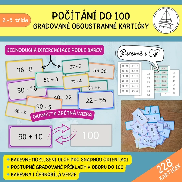 Sčítání a odčítání do 100 - gradované oboustranné kartičky s příklady