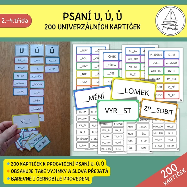 Psaní u, ú, ů - kartičky (200 ks)