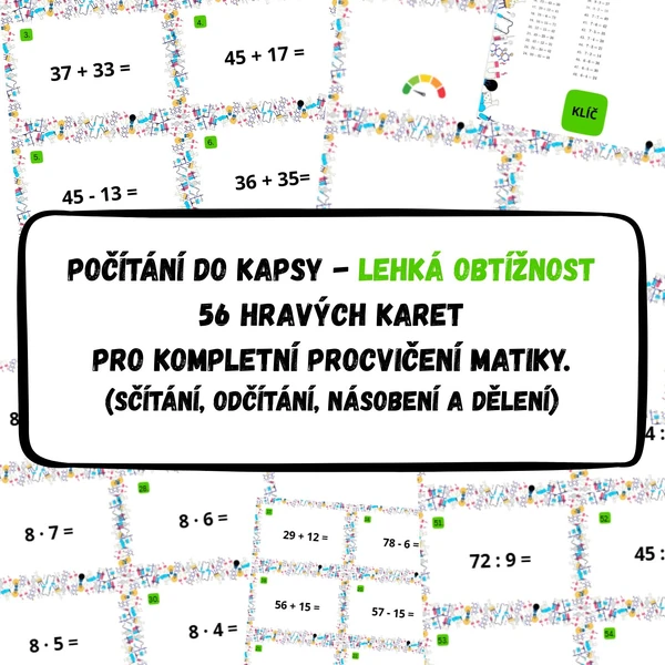 Počítání do kapsy - lehká obtížnost (56 kartiček s příklady)