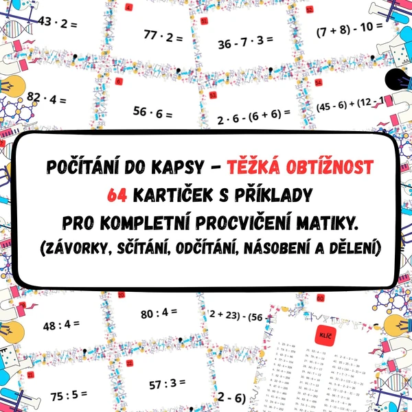 Počítání do kapsy - těžká obtížnost (64 kartiček s příklady)