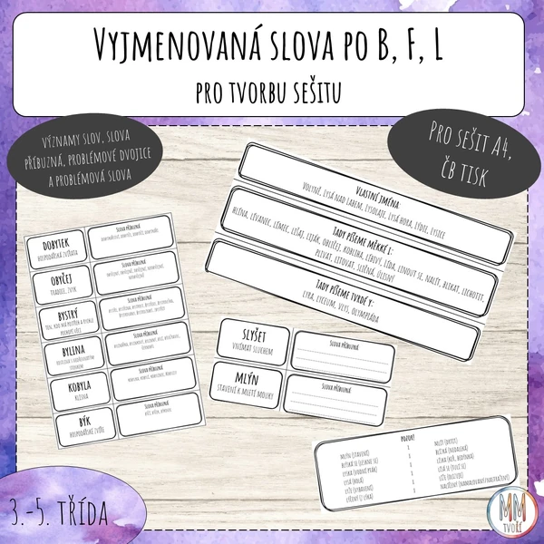 Vyjmenovaná slova po B, F, L pro tvorbu sešitu