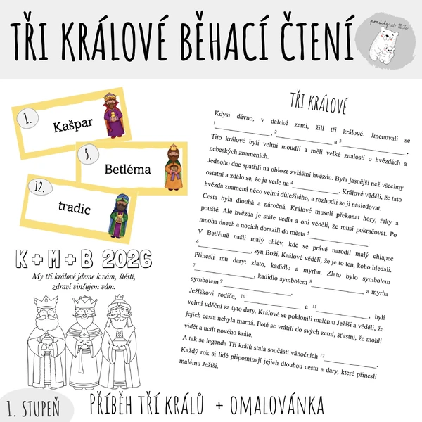 Tři králové - Běhací čtení + omalovánka