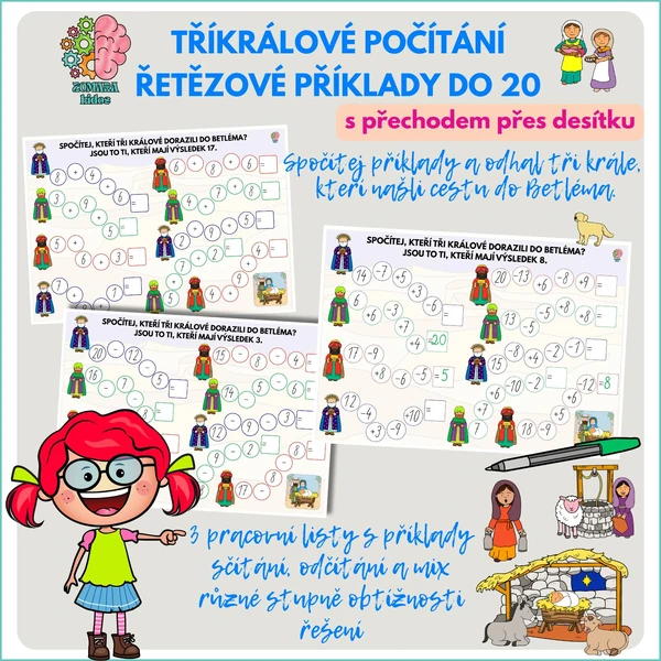 Tříkrálové počítání - řetězové příklady do 20 s přechodem přes desítku