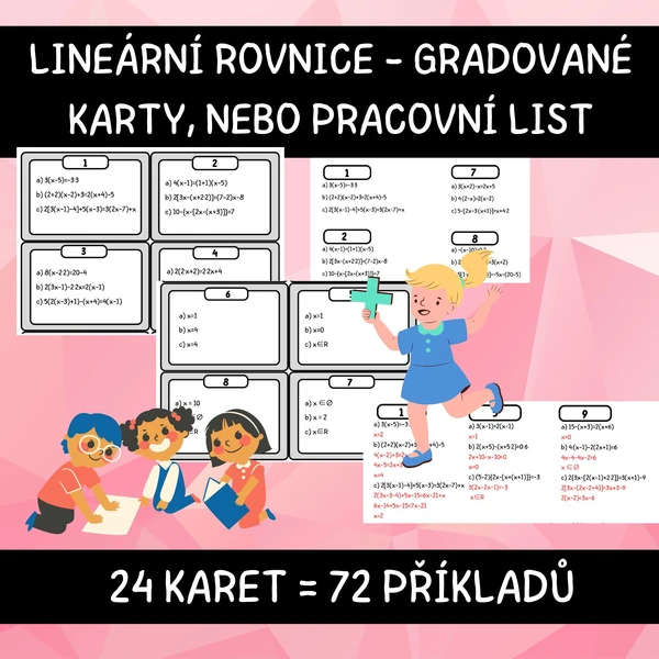 Lineární rovnice se závorkami - gradované karty - pracovní list - celá čísla