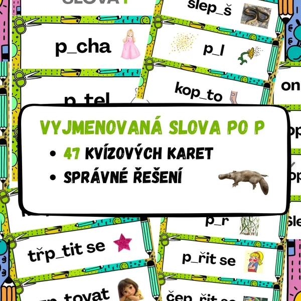 Vyjmenovaná slova po P - 47 kvízových karet se správným řešením.