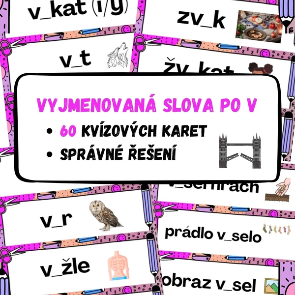 Vyjmenovaná slova po V - 60 kvízových karet se správným řešením.