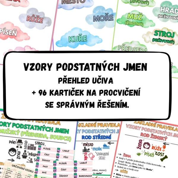 Vzory podstatných jmen – přehled učiva + 96 kartiček se správným řešením.