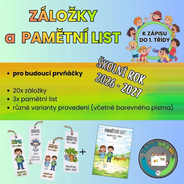 ZÁLOŽKY A PAMĚTNÍ LIST k zápisu do 1. třídy