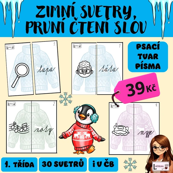 Zimní svetry - první čtení slov s porozuměním 