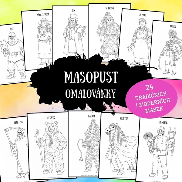 Masopust - omalovánky (24 tradičních i moderních masek)
