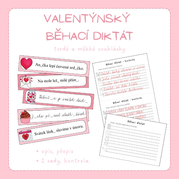 Valentýnský běhací diktát - tvrdé a měkké souhlásky