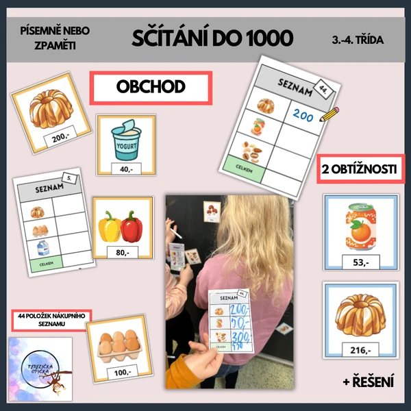 Sčítání tří sčítanců do 1000 - obchod 