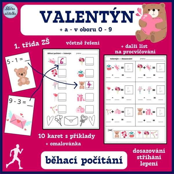 BĚHACÍ POČÍTÁNÍ - VALENTÝN - 1. třída ZŠ (+ a - v oboru 0 - 9)