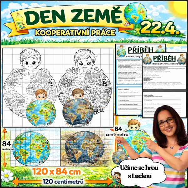DEN ZEMĚ - KOOPERATIVNÍ PRÁCE - mega omalovánka, příběhy - čtení s porozuměním