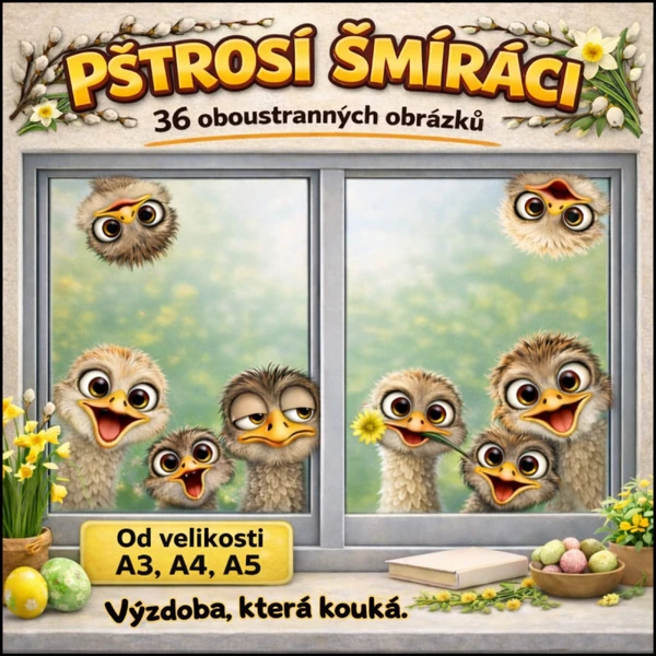 Výzdoba do oken - Pštrosí šmíráci - velikost A3, A4, A5
