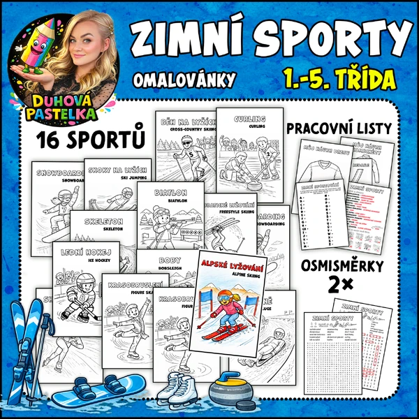ZIMNÍ SPORTY - omalovánky, osmisměrky, prac. listy