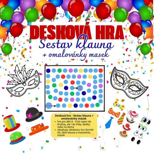 DESKOVÁ HRA - SESTAV KLAUNA + OMALOVÁNKY MASEK