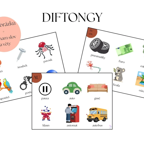 Diftongy - obrázky, slova a věty k hravému procvičování OU, AU, EU, OA