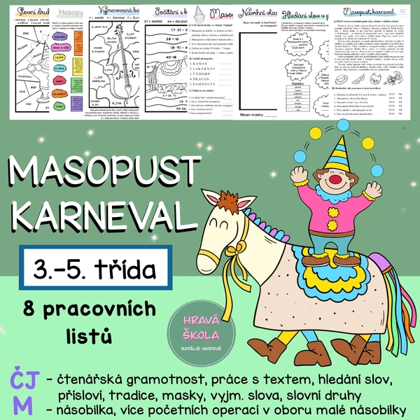 MASOPUST, KARNEVAL- ČJ + M - 3.-5. TŘÍDA - 5 PL + řešení