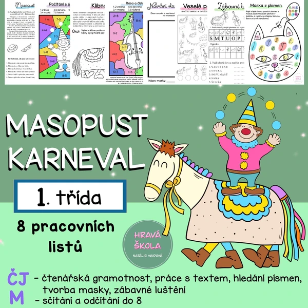 MASOPUST, KARNEVAL- ČJ + M - 1. TŘÍDA - 8 PL + řešení