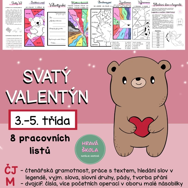 SVATÝ VALENTÝN - ČJ + M - 3.-5. TŘÍDA - 8 PL + řešení
