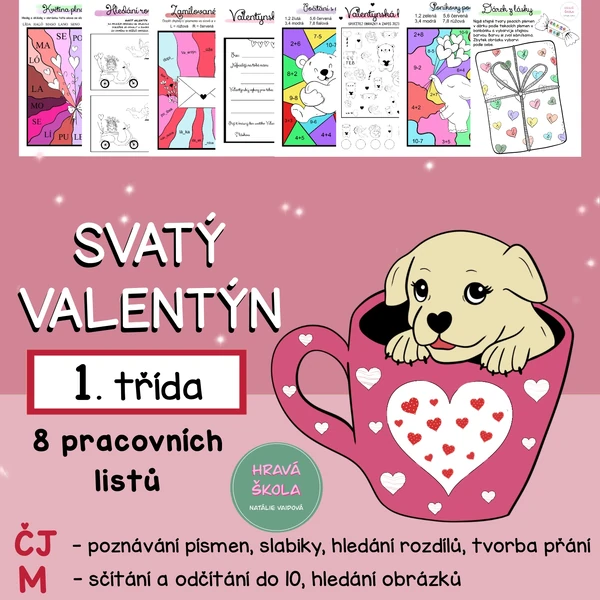 SVATÝ VALENTÝN - ČJ + M - 1. TŘÍDA - 8 PL + řešení