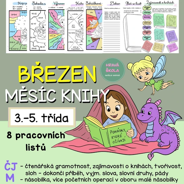 BŘEZEN - MĚSÍC KNIHY - ČJ + M - 3.-5. TŘÍDA - 8 PL + řešení
