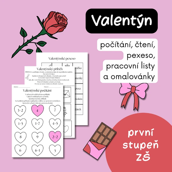 Valentýn: pracovní listy, pexeso, čtení, počítání, omalovánky a úkoly