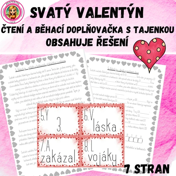 Svatý Valentýn - čtení a běhací doplňování s tajenkou