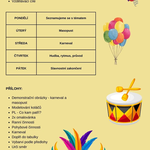 Masopust a karneval, týdenní plán v MŠ