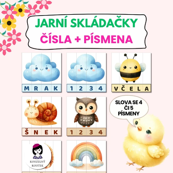 Skládačka s jarními motivy, čísla a písmena