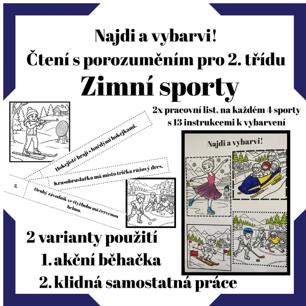 Najdi a vybarvi! Čtení s porozuměním na téma zimní sporty pro 2. třídu