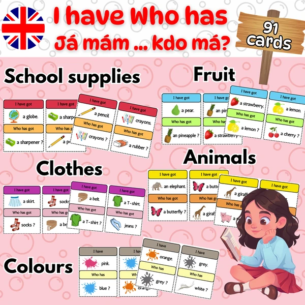 I have...Who has ? Já mám...kdo má - School supplies / Fruit / Animals / Clothes / Colours