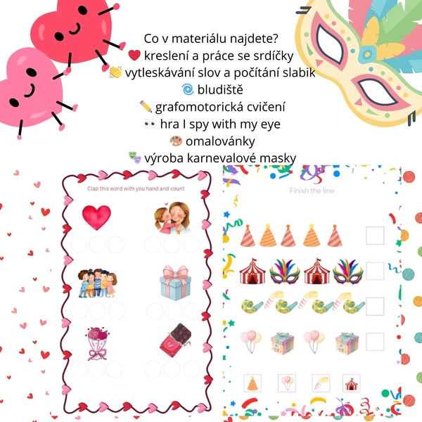 Valentýn a Karneval pracovní listy
