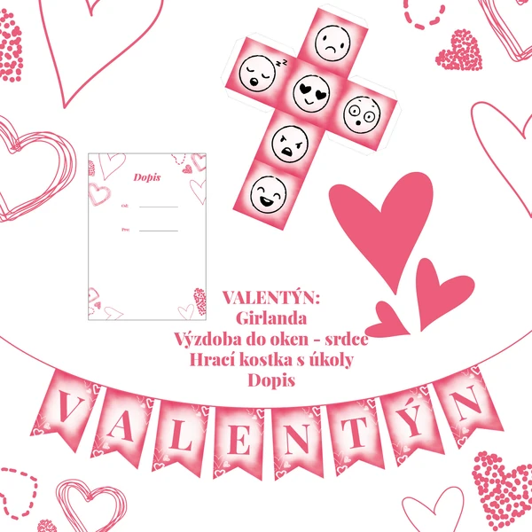 Valentýn - Girlanda, výzdoba ve tvaru srdce, kostka na hraní, dopis