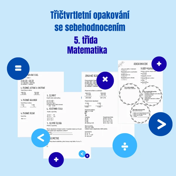 Třičtvrtletní opakování z matematiky pro 5. třídu + sebehodnocení