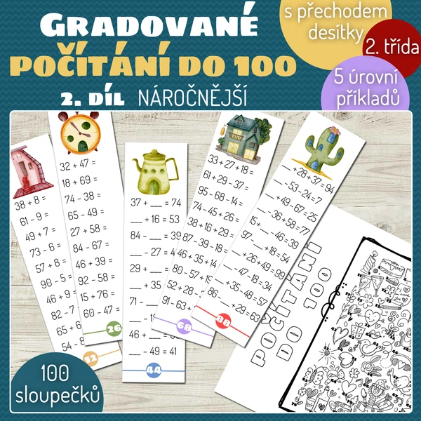Gradované počítání do 100 s přechodem desítky - 2. díl (náročnější)