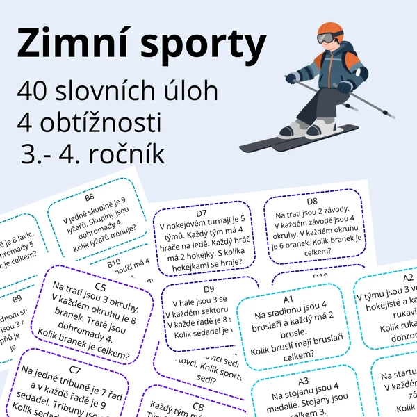 Slovní úlohy na násobilku: Zimní sporty (40 úloh, 4 úrovně)