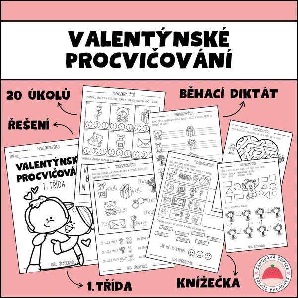 Valentýnské procvičování - běhací diktát, knížečka - 1. třída