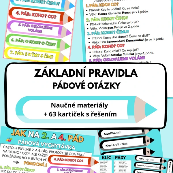 Přehled učiva - pádové otázky + kartičky na aktivitu + výzdoba do třídy